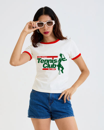 Vintage Women's T-Shirt – Tennis Club Graphic – Retro Ringer Style