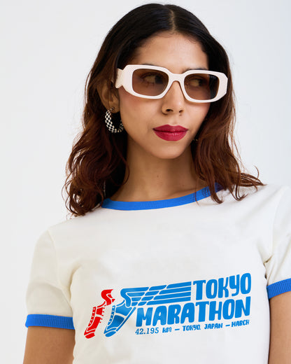 Vintage Women's T-Shirt – Tokyo Running Marathon Graphic – Retro Ringer Style – Off-White/Blue