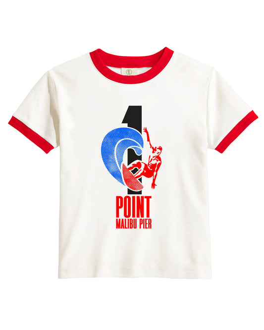Vintage Women's T-Shirt – 1 Point Malibu Pier Graphic – Retro Ringer Style – Off-White/Red