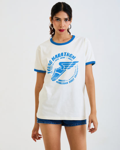 Vintage Unisex T-Shirt – Tokyo Running Marathon – Retro Ringer Style – Off-White