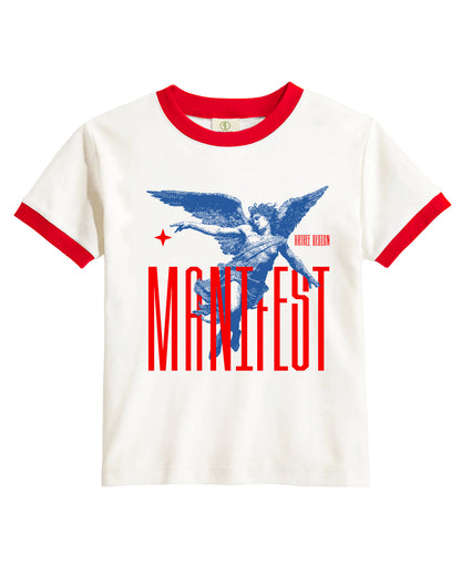 Vintage Women's T-Shirt – Manifest Angel Graphic – Retro Ringer Style – Off-White/Red