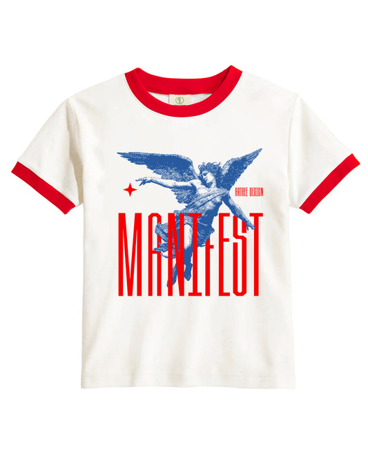 Vintage Women's T-Shirt – Manifest Angel Graphic – Retro Ringer Style – Off-White/Red
