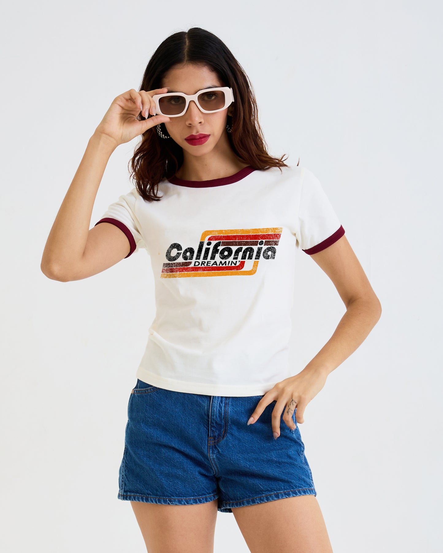 Vintage Women's T-Shirt – California Dreamin Graphic – Ringer Style – Off-White/Red