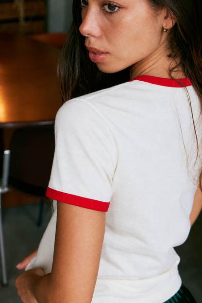 Vintage Women's T-Shirt – Retro Ringer Style – Off-White/Red