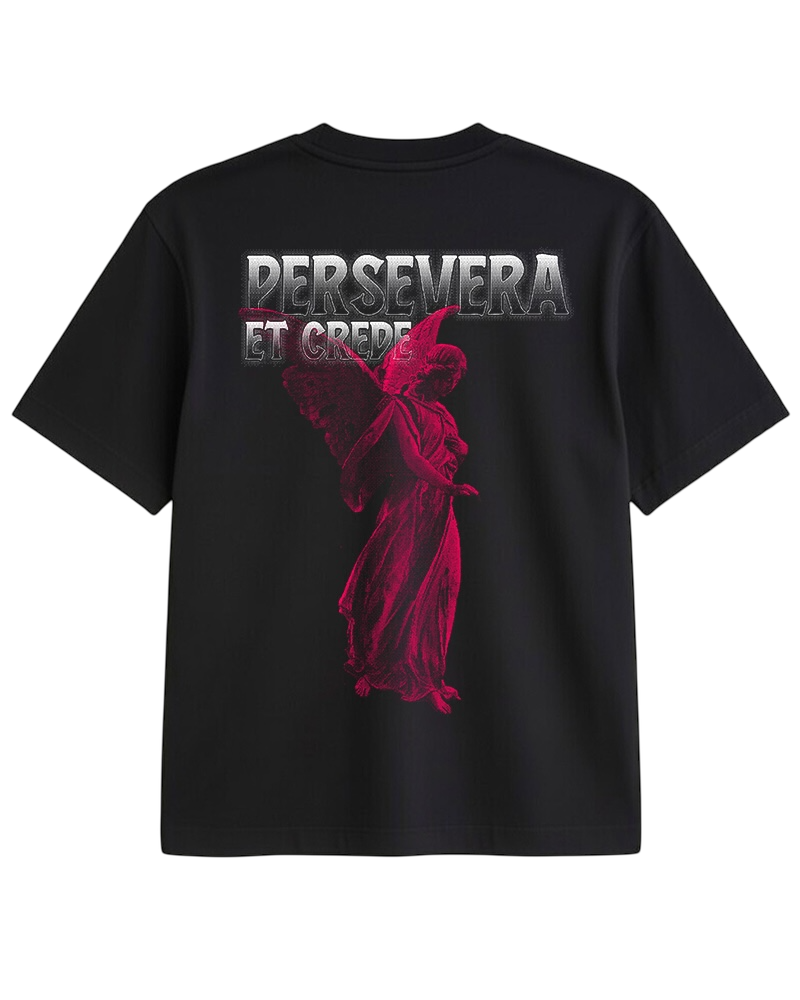 Vintage Oversized Cropped T-Shirt – Persevere And Believe Black Tee – Boxy Fit