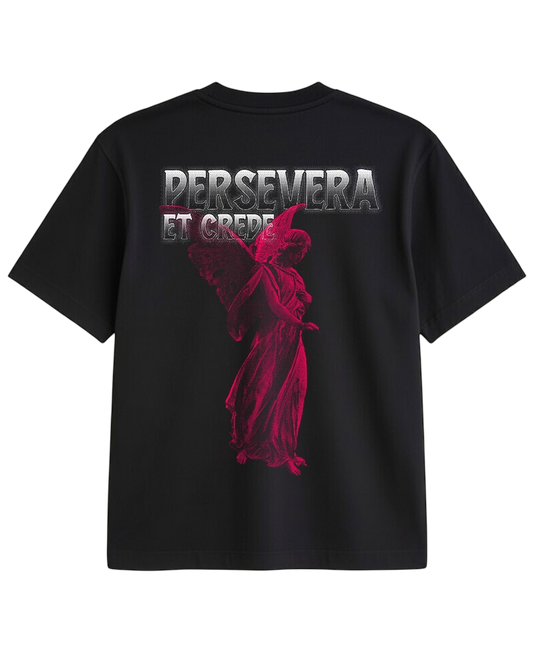 Vintage Oversized Cropped T-Shirt – Persevere And Believe Black Tee – Boxy Fit