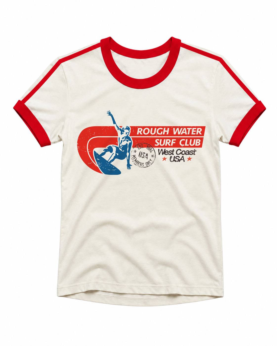 A woman wearing a white ringer t-shirt with red trim and a retro graphic that reads 'ROUGH WATER SURF CLUB West Coast USA', standing in front of a white vintage car.