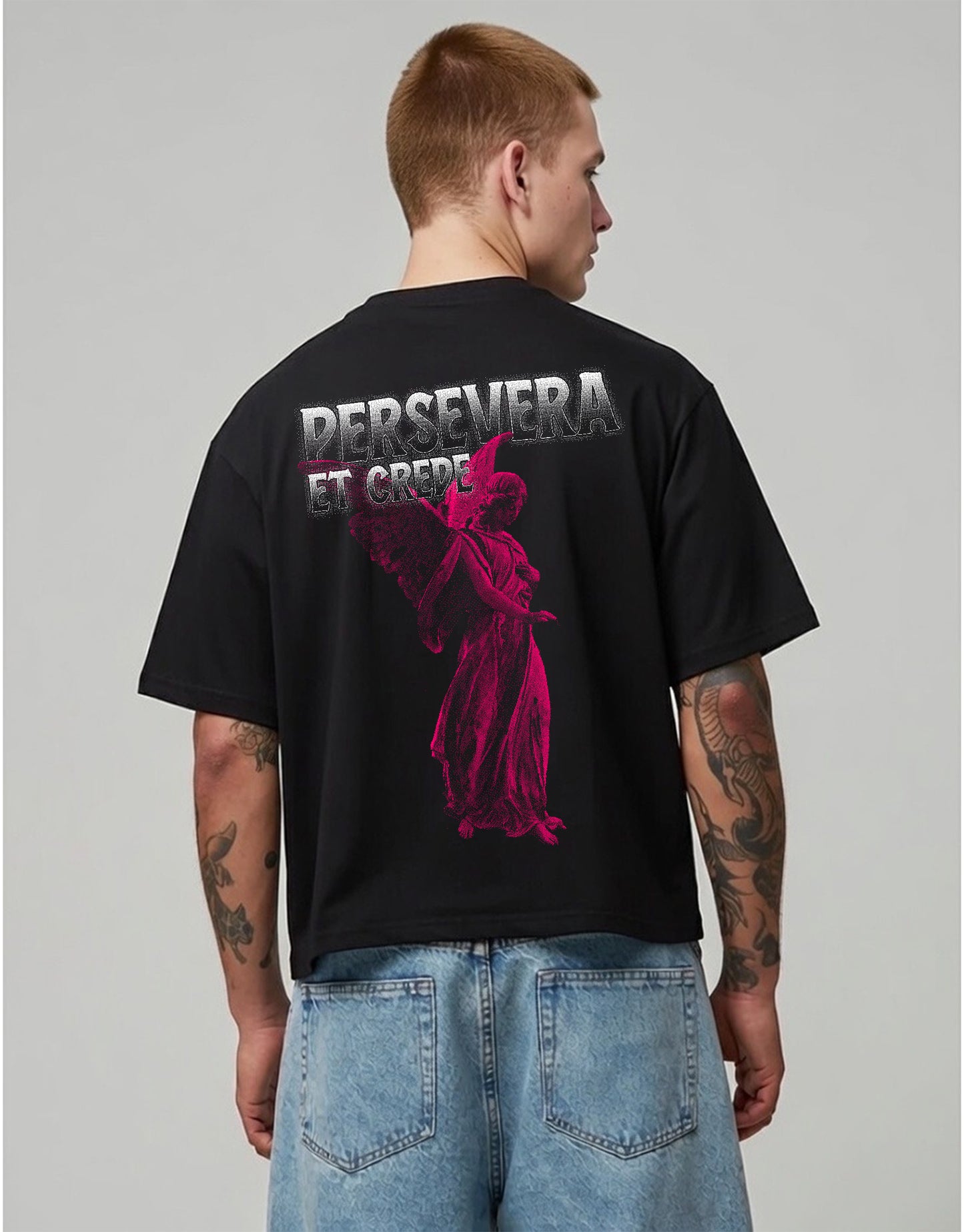 Vintage Oversized Cropped T-Shirt – Persevere And Believe Black Tee – Boxy Fit