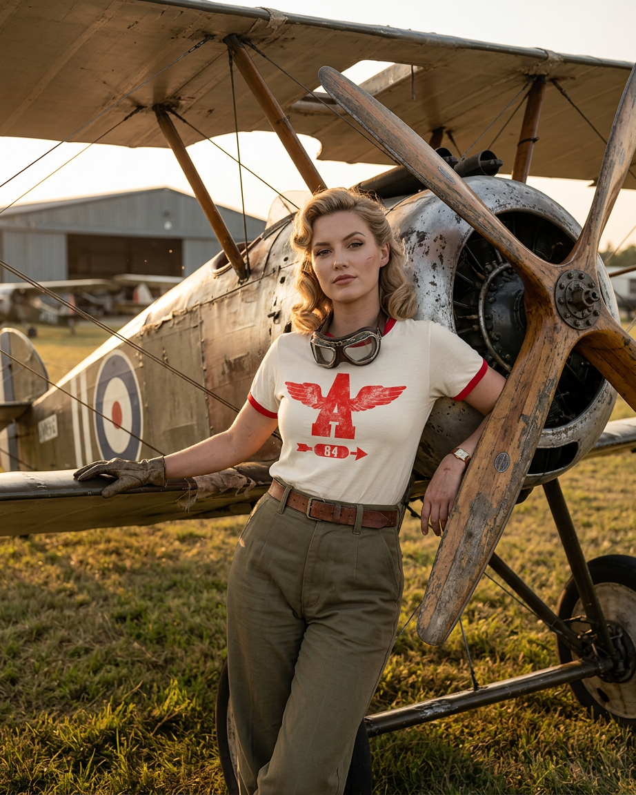 Vintage Women's T-Shirt – Wings Graphic – Retro Ringer Style – Off-White/Red