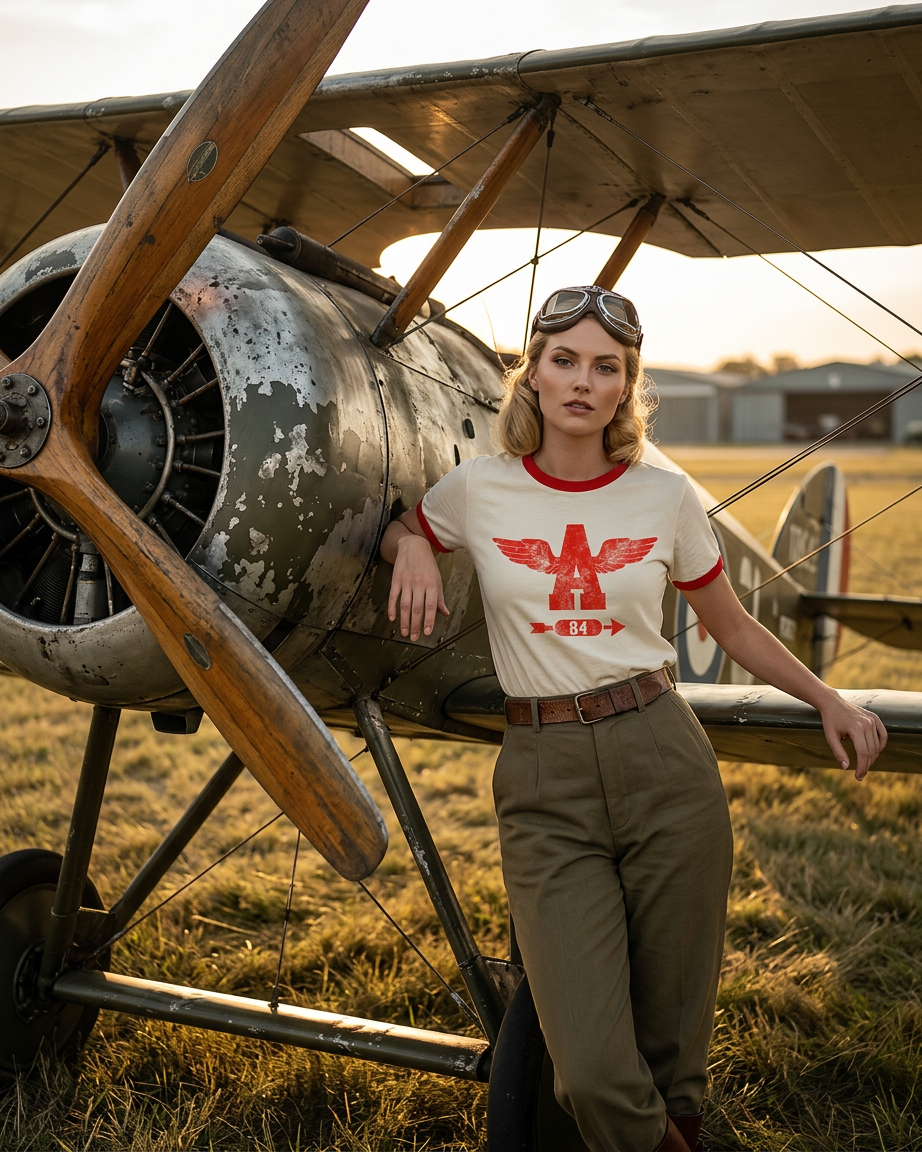 Vintage Women's T-Shirt – Wings Graphic – Retro Ringer Style – Off-White/Red