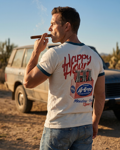 Artree “Happy Hour” Vintage Ringer Tee – Retro Off-White & Black