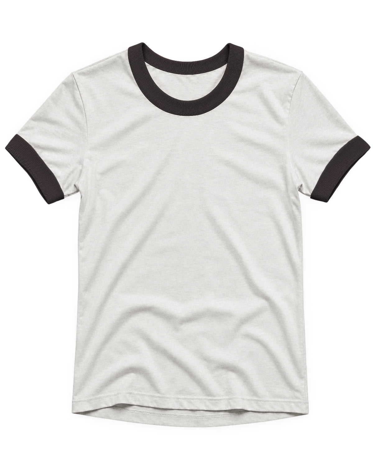 A white ringer t-shirt with black ribbed trim on the crew neck and short sleeves, displayed flat against a plain white background.
