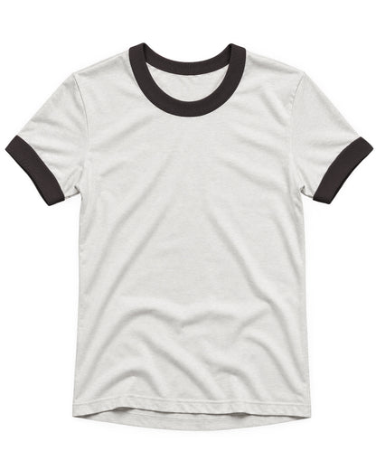 A white ringer t-shirt with black ribbed trim on the crew neck and short sleeves, displayed flat against a plain white background.