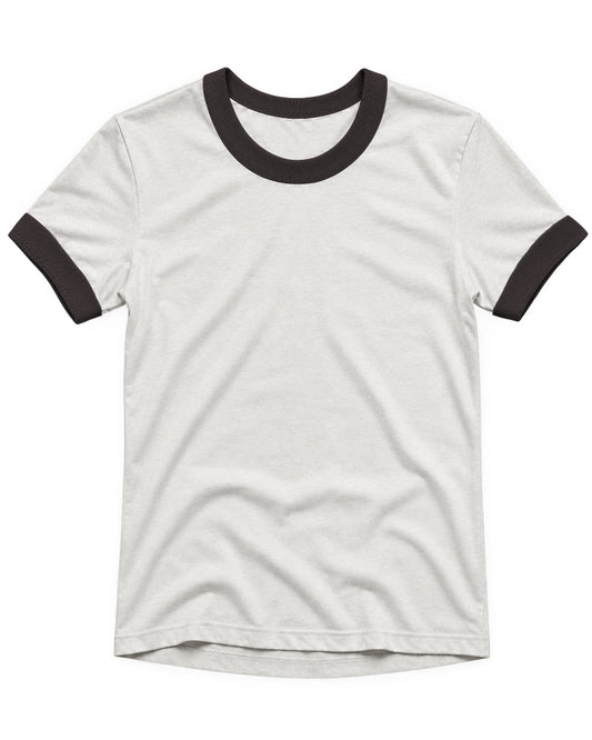 A white ringer t-shirt with black ribbed trim on the crew neck and short sleeves, displayed flat against a plain white background.