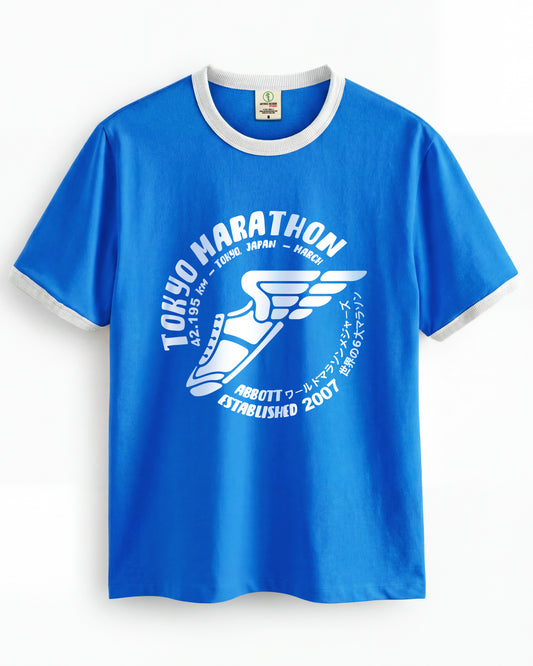 Vintage Unisex T-Shirt – Marathon Running Retro Ringer Style – Blue/White