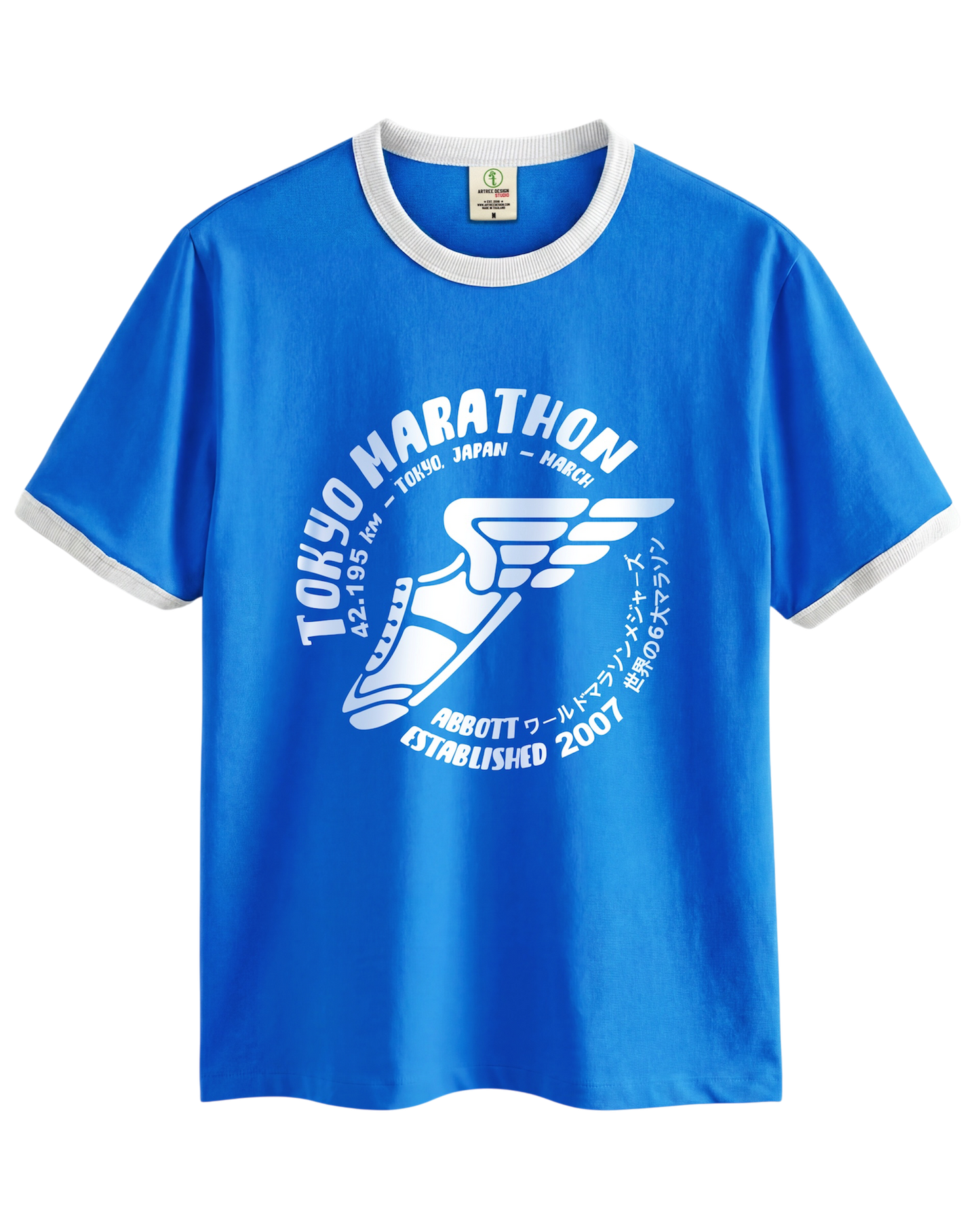 Vintage Unisex T-Shirt – Marathon Running Retro Ringer Style – Blue/White