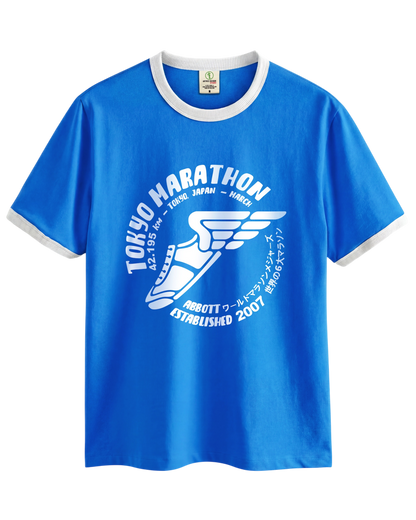 Vintage Unisex T-Shirt – Marathon Running Retro Ringer Style – Blue/White