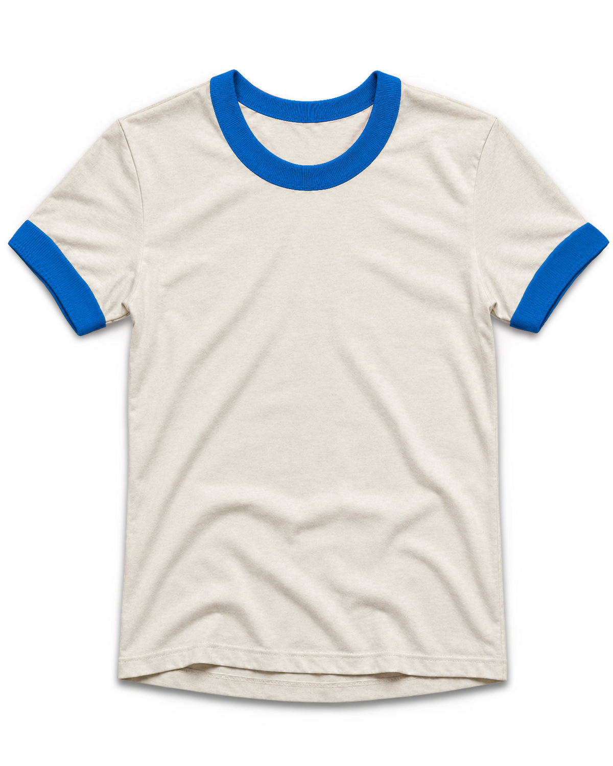 An off-white ringer t-shirt with bright blue ribbed trim on the crew neck and sleeve cuffs, displayed flat against a solid white background.