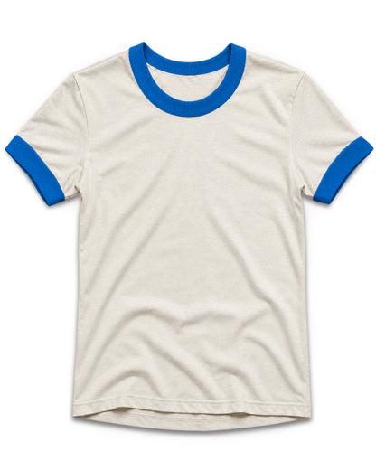 An off-white ringer t-shirt with bright blue ribbed trim on the crew neck and sleeve cuffs, displayed flat against a solid white background.