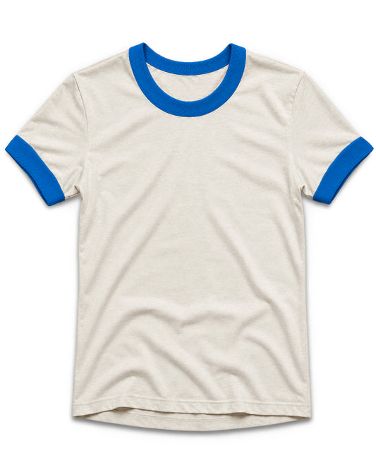 An off-white ringer t-shirt with bright blue ribbed trim on the crew neck and sleeve cuffs, displayed flat against a solid white background.