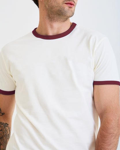 Vintage Unisex T-Shirt – Retro Ringer Style – Off-White/Burgundy