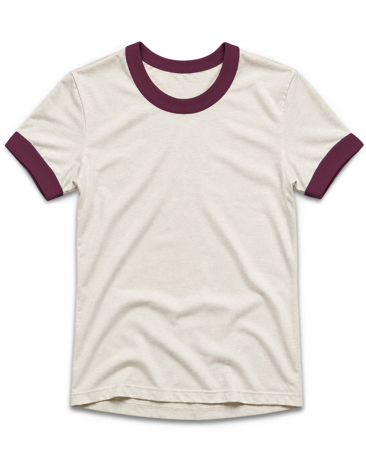 An off-white ringer t-shirt with contrasting dark red ribbed collar and sleeve cuffs, displayed flat against a solid white background.