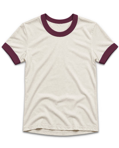 An off-white ringer t-shirt with contrasting dark red ribbed collar and sleeve cuffs, displayed flat against a solid white background.