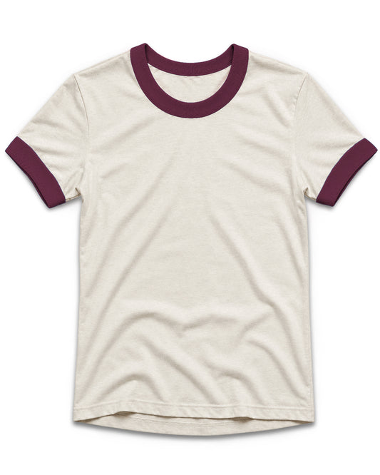 An off-white ringer t-shirt with contrasting dark red ribbed collar and sleeve cuffs, displayed flat against a solid white background.