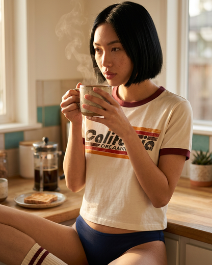 Vintage Women's T-Shirt – California Dreamin Graphic – Ringer Style – Off-White/Red