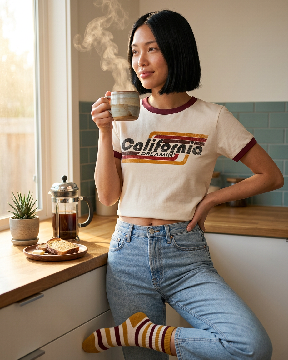 Vintage Women's T-Shirt – California Dreamin Graphic – Ringer Style – Off-White/Red