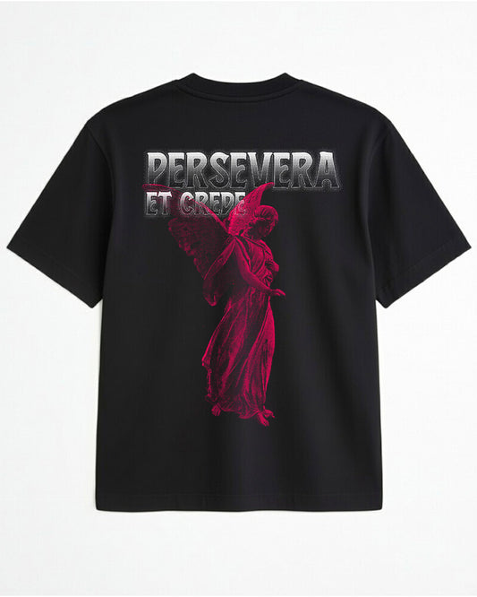 Vintage Oversized Cropped T-Shirt – Persevere And Believe Black Tee – Boxy Fit