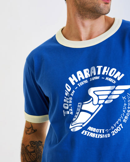 Vintage Unisex T-Shirt – Marathon Running Retro Ringer Style – Blue/White