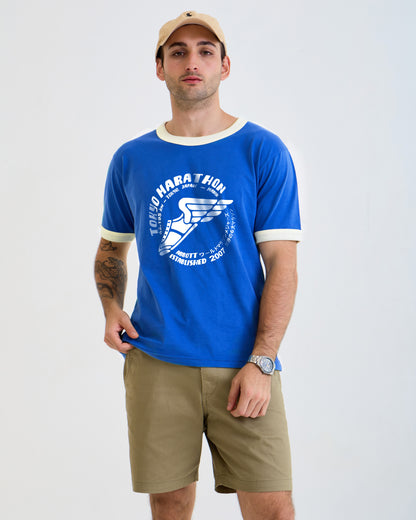 Vintage Unisex T-Shirt – Marathon Running Retro Ringer Style – Blue/White