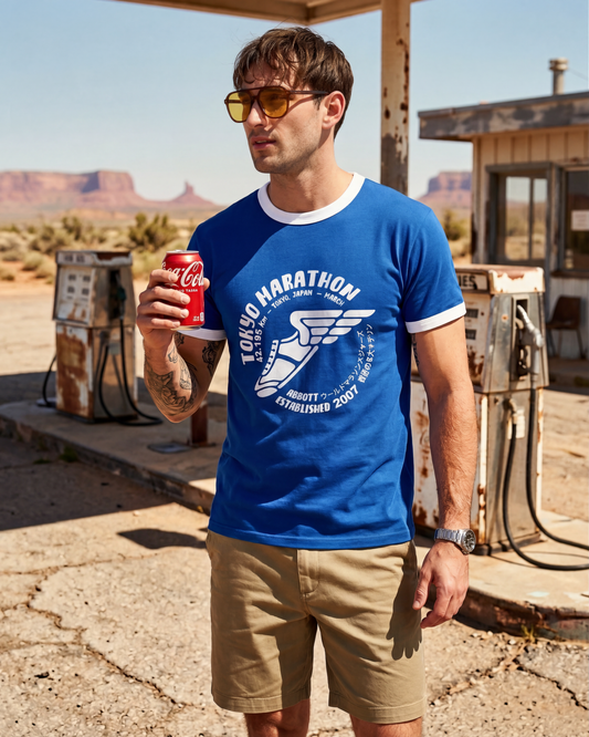 Vintage Unisex T-Shirt – Marathon Running Retro Ringer Style – Blue/White