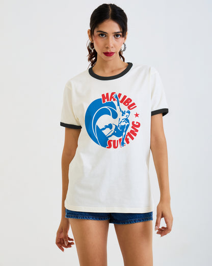 Vintage Unisex T-Shirt – 1 Point Malibu Pier Graphic – Retro Ringer Style – Off-White