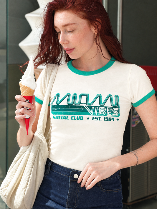 Vintage Women's T-Shirt – Miami Vibes Graphic – Ringer Style – Off-White/Green