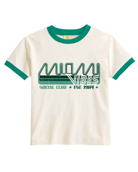 Vintage Women's T-Shirt – Miami Vibes Graphic – Ringer Style – Off-White/Green