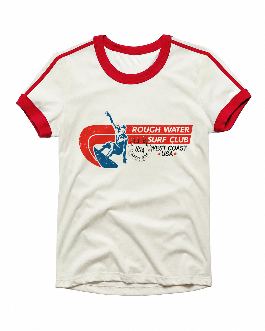 Vintage Unisex T-Shirt – Surfing Retro Ringer – Off-White/Red