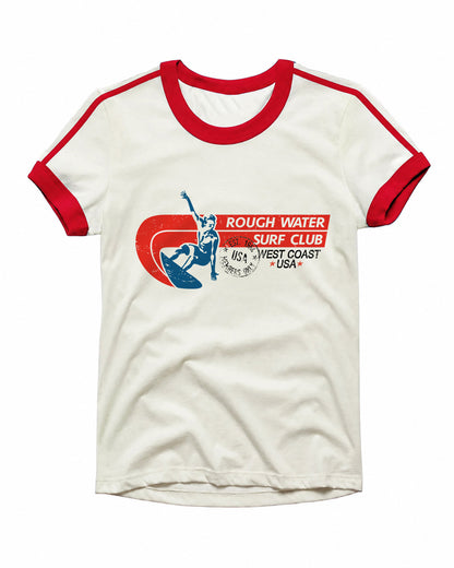 Vintage Unisex T-Shirt – Surfing Retro Ringer – Off-White/Red