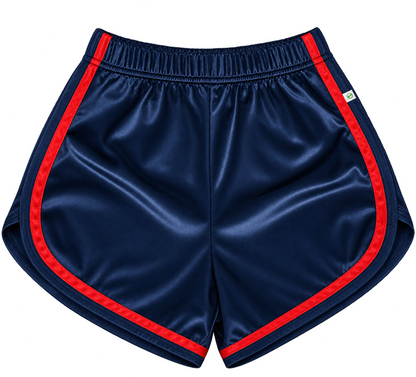 Navy blue athletic shorts with a red side stripe, featuring an elastic waistband and a small white brand tag on the side.