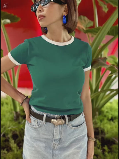 Vintage Women's T-Shirt – Retro Ringer Style – Forest/White