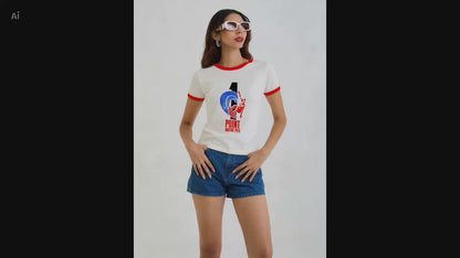 Vintage Women's T-Shirt – 1 Point Malibu Pier Graphic – Retro Ringer Style – Off-White/Red