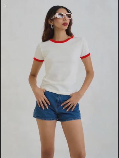 Vintage Women's T-Shirt – Retro Ringer Style – Off-White/Red