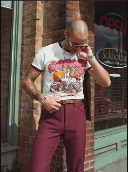 Vintage Unisex T-Shirt – Savage Soul Racing Graphic – Retro Ringer Style – Off-White/Red