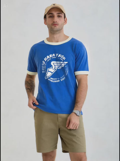 Vintage Unisex T-Shirt – Marathon Running Retro Ringer Style – Blue/White