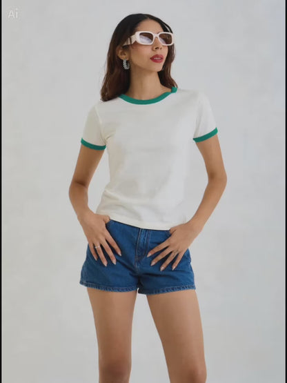 Vintage Women's T-Shirt – Retro Ringer Style – Off-White/Green