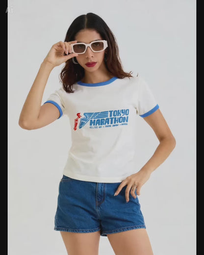 Vintage Women's T-Shirt – Tokyo Running Marathon Graphic – Retro Ringer Style – Off-White/Blue