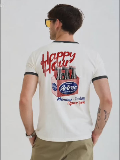 Artree “Happy Hour” Vintage Ringer Tee – Retro Off-White & Black