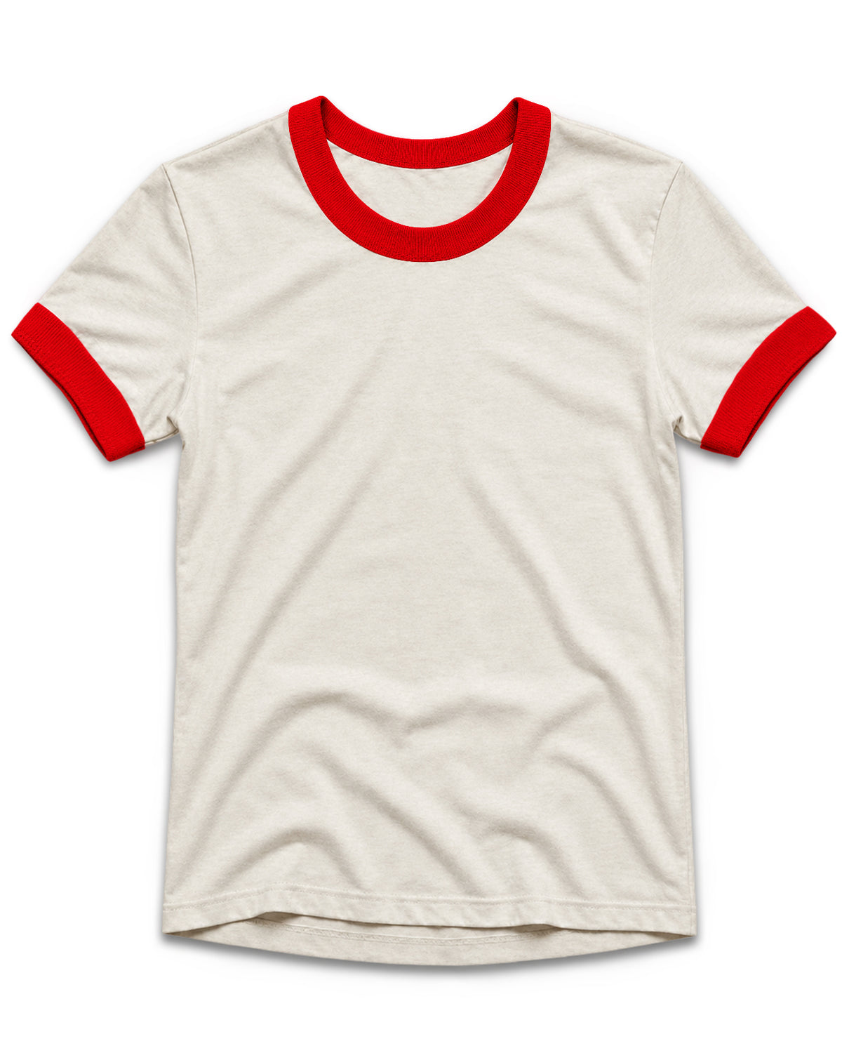 An off-white ringer t-shirt with red trim on the crew neck and sleeve cuffs, displayed flat against a white background.