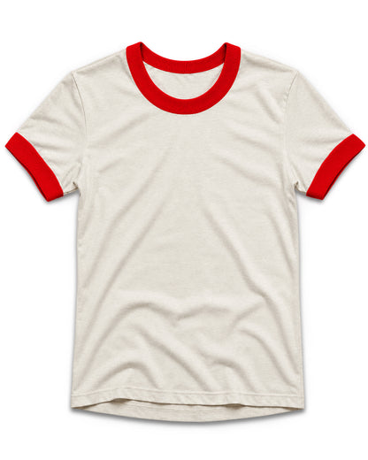 An off-white ringer t-shirt with red trim on the crew neck and sleeve cuffs, displayed flat against a white background.